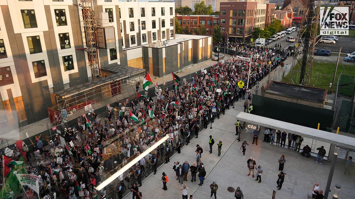 A large crowd of protestors outside of a Chicago train station