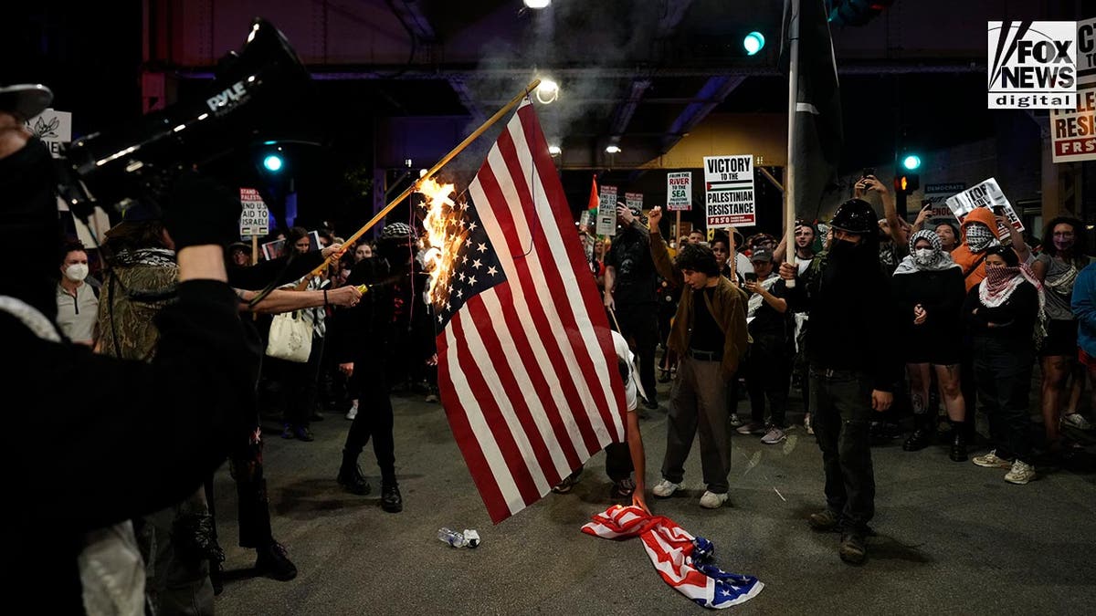 Pro-Hamas demonstrators stand around cheering as the American flag burns