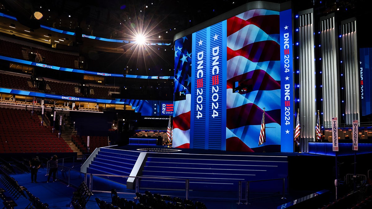 The stage is prepared at the United Center ahead of the Democratic National Convention