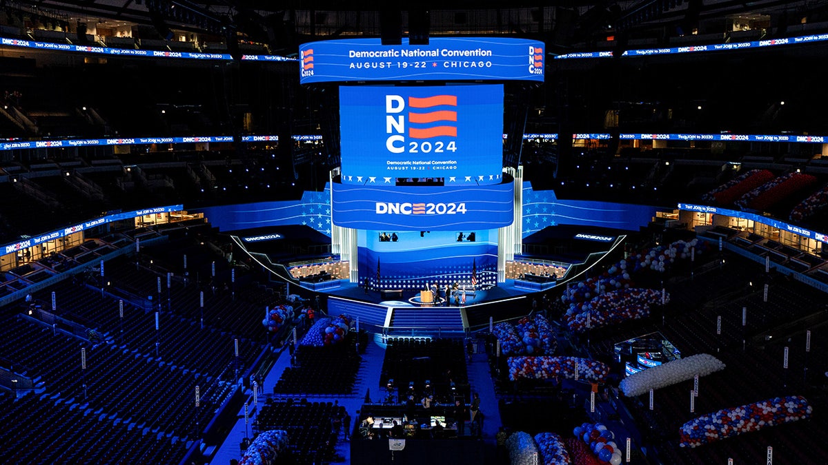 The stage at the United Center is prepared for the Democratic National Convention