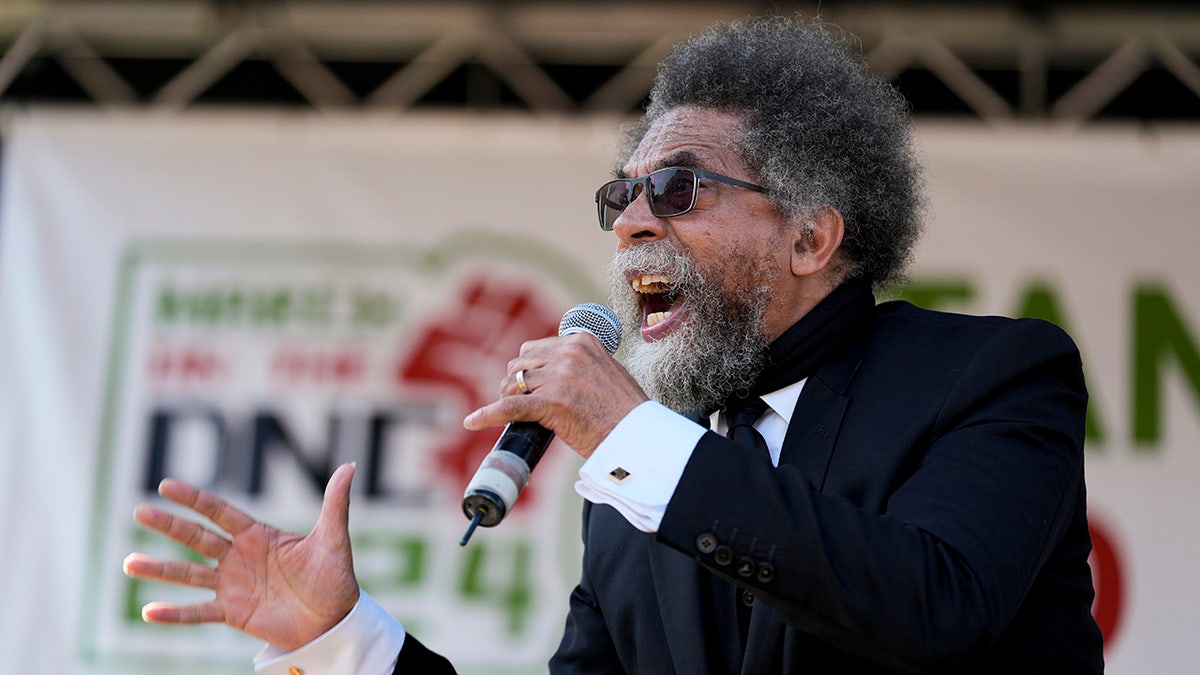 Progressive activist Cornel West speaks during a demonstration prior to a march to the Democratic National Convention