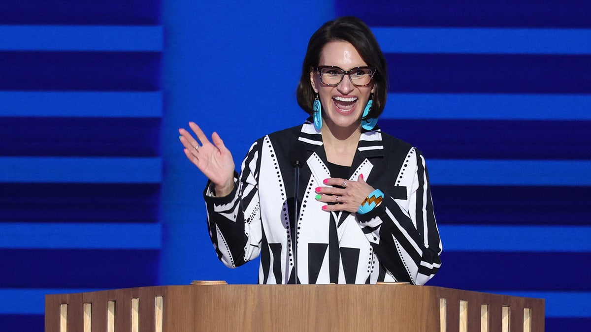 Peggy Flanagan speaking at the United Center during the Democratic National Convention in Chicago