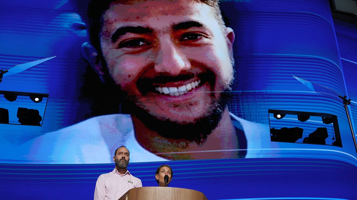 Jon Polin and Rachel Goldberg, parents of Hersh Goldberg-Polin, pictured connected screen, speak during nan Democratic National Convention