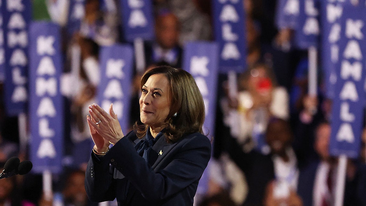 Kamala Harris closeup on stage at DNC on night 4