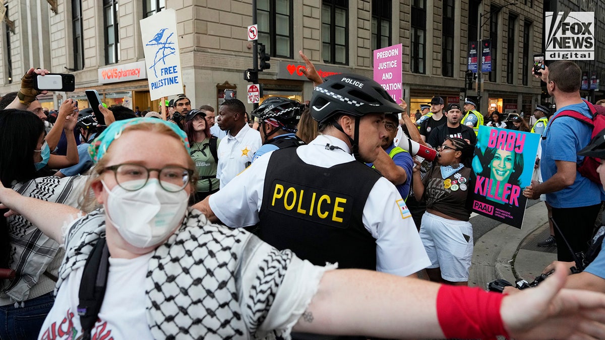 Manifestantes antiisraelíes participan en la marcha "Cuerpos fuera de las leyes injustas" antes del comienzo de la Convención Nacional Demócrata