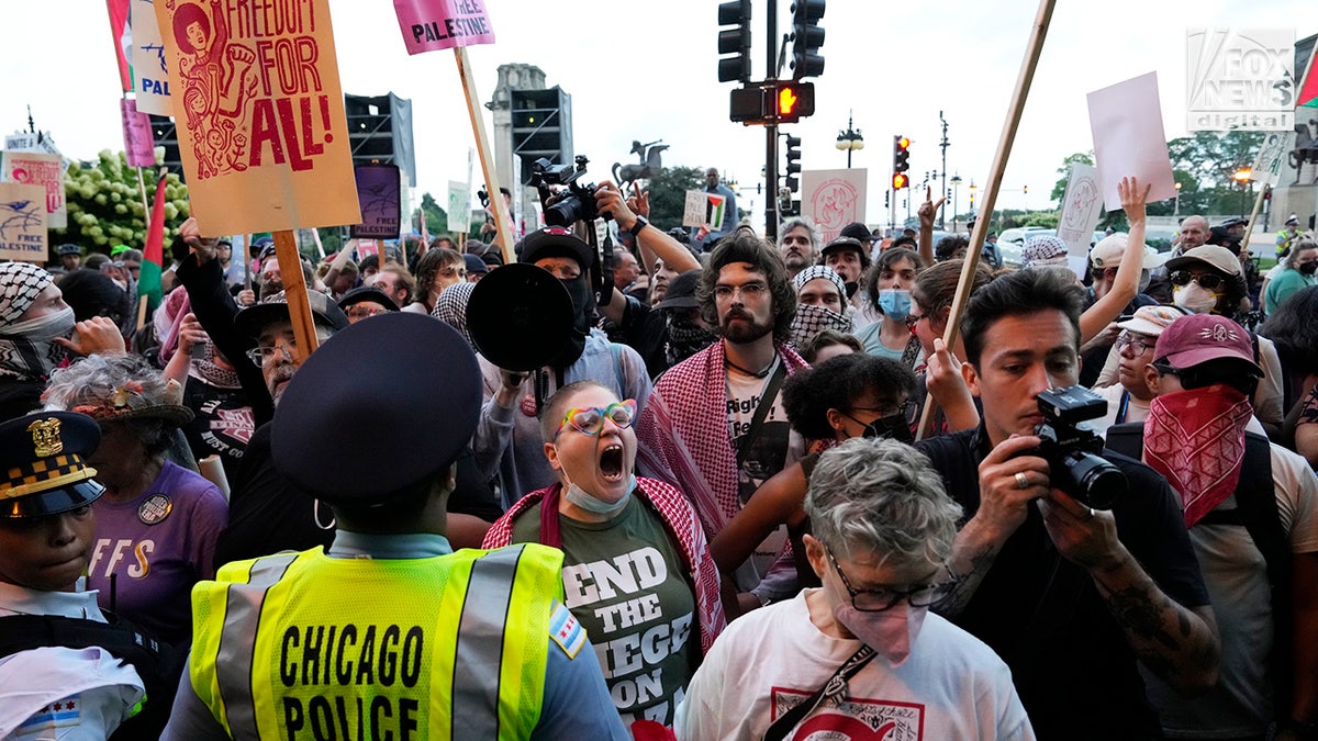 Manifestantes antiisraelíes participan en la marcha "Cuerpos fuera de las leyes injustas" antes del comienzo de la Convención Nacional Demócrata