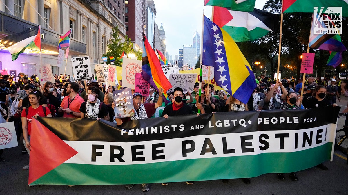 Manifestantes antiisraelíes participan en la marcha "Cuerpos fuera de las leyes injustas" antes del comienzo de la Convención Nacional Demócrata