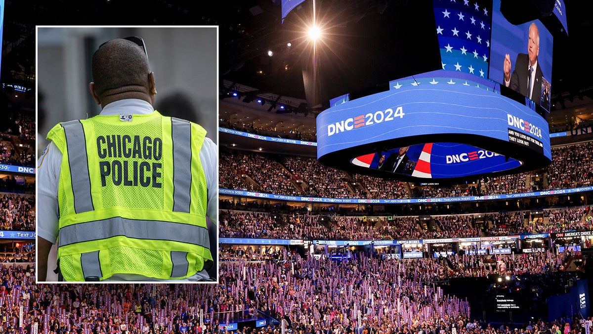 Agentes de policía de Chicago, en el recuadro, la multitud de la convención DNC en la foto principal