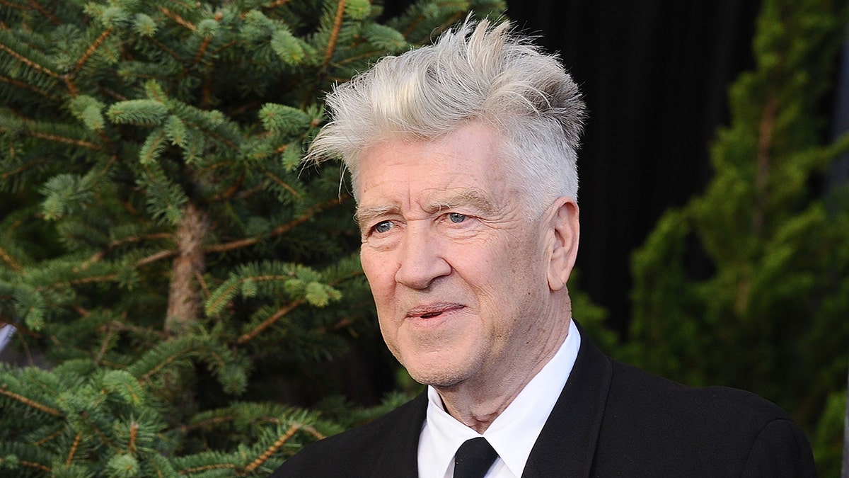 Close up of David Lynch in front of pine trees