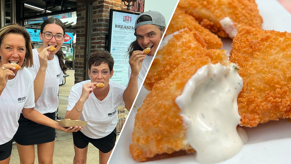 A split image of four people biting into deep-fried ranch with an image of a deep-fried ranch piece oozing ranch.