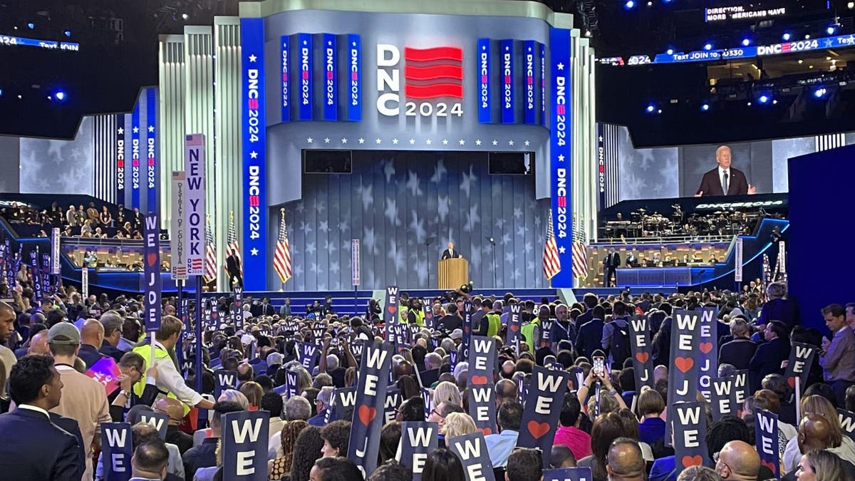 President Baden spoke in crowds in Chicago, Illinois on August 19, 2024, when the United Center was packed with people on the first night of the Democratic National Convention.