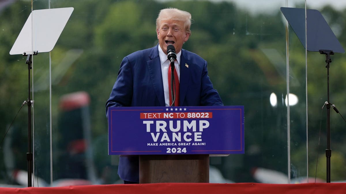 Former President Trump speaks during a campaign rally at the North Carolina Aviation Museum in Asheboro, North Carolina on Wednesday.