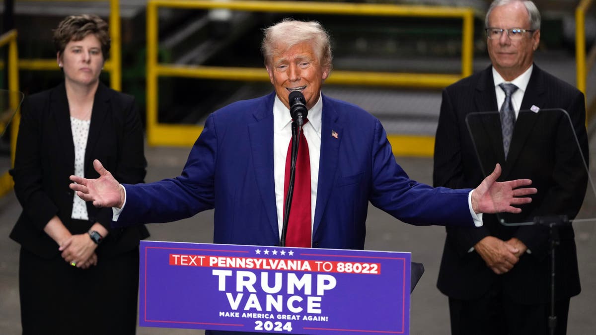 Republican presidential candidate and former President Trump speaks at a Precision Components Group campaign rally in York, Pennsylvania on August 19, 2024.