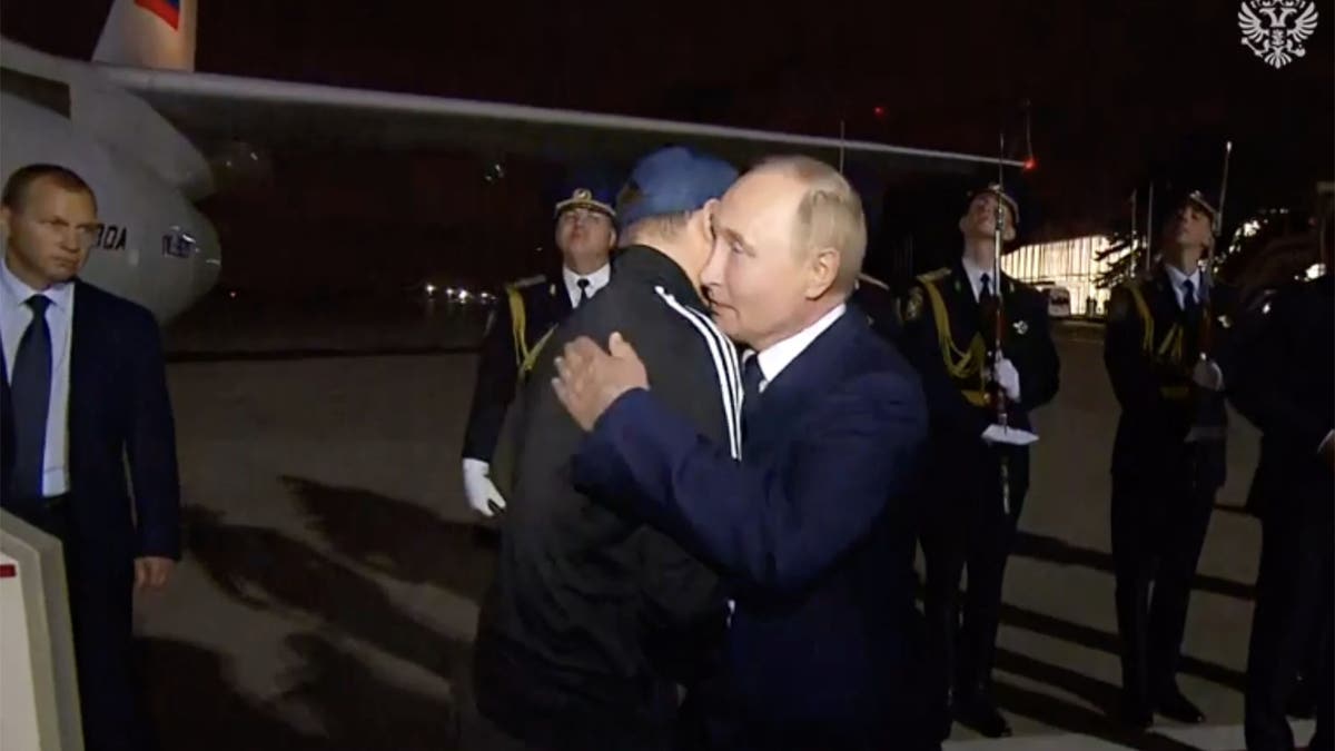 FSB assassin Vadim Krasikov, sentenced to life in 2021, was exchanged on August 1st, 2024 as part of a major prisoner swap; seen here greeted by President Vladimir Putin on his arrival to Russia.