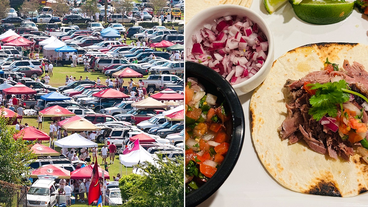 Seguidores de los Seminoles de la Universidad Estatal de Florida en un tailgate antes de un partido de fútbol americano en 2009. Cooper's Next Level BBQ prepara tacos tex-mex, entre otras comidas.