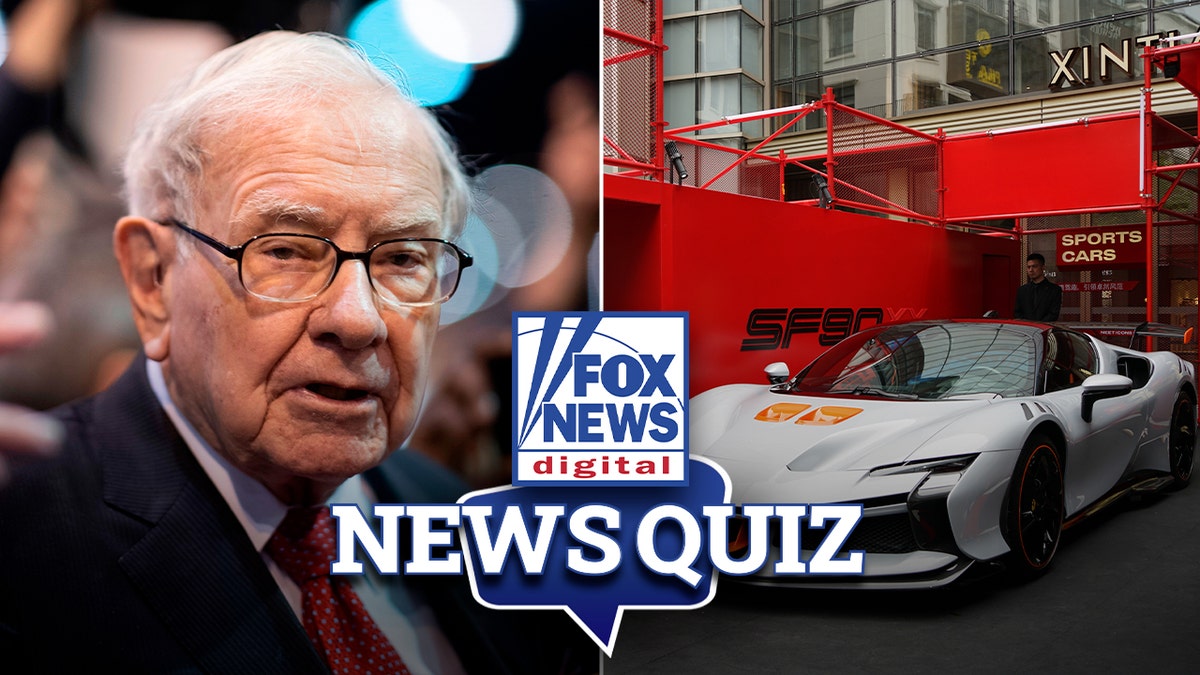 Split photo of Warren Buffett and a Lamborghini.