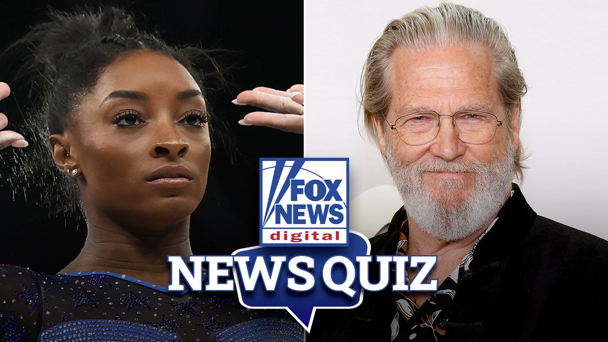 Split photo of Simone Biles and Jeff Bridges.