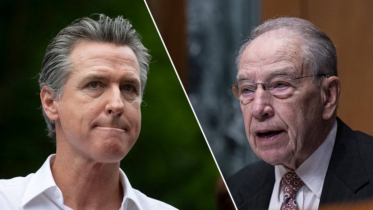 Uma foto dividida mostra o governador da Califórnia, Gavin Newsom, à esquerda, e o senador de Iowa, Chuck Grassley, à direita.