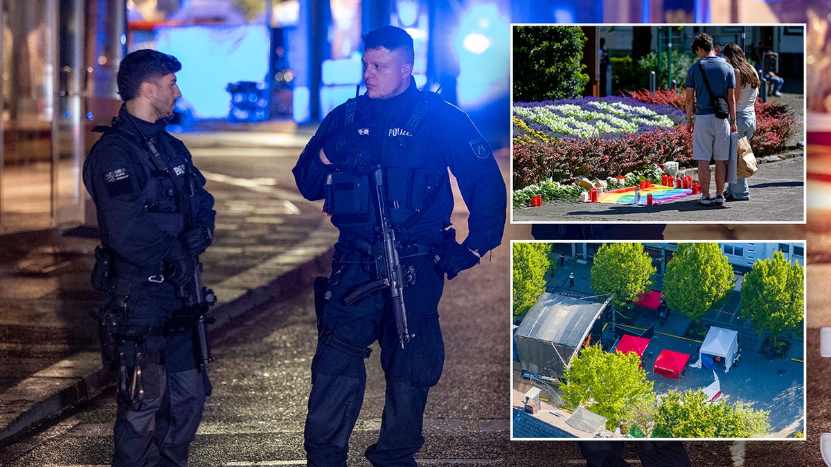 German police on site, mourners laying flowers and an aerial photograph of the crime scene