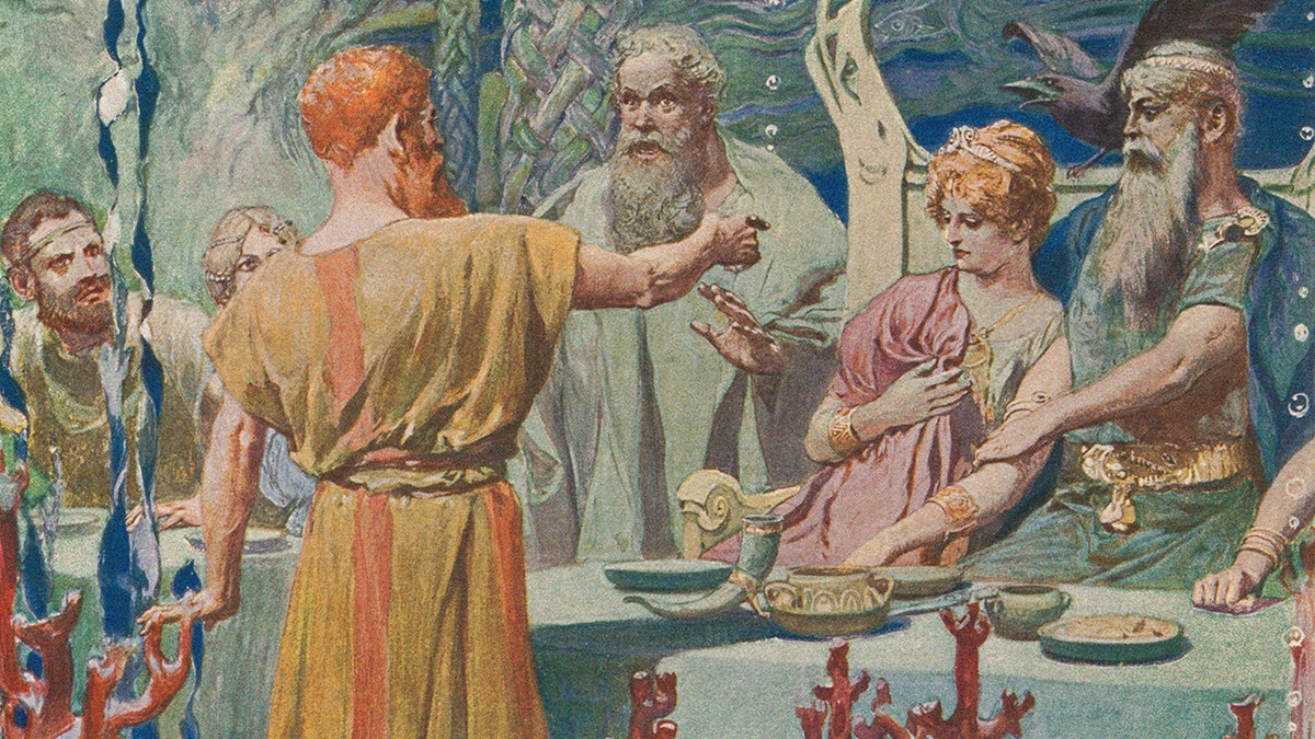 Loki at Ægir's Banquet. From Valhalla: Gods of the Teutons, circa 1905.