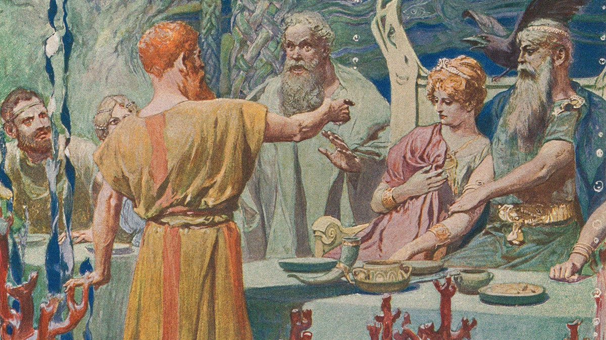 Loki at ?gir's Banquet. From Valhalla: Gods of the Teutons, circa 1905.