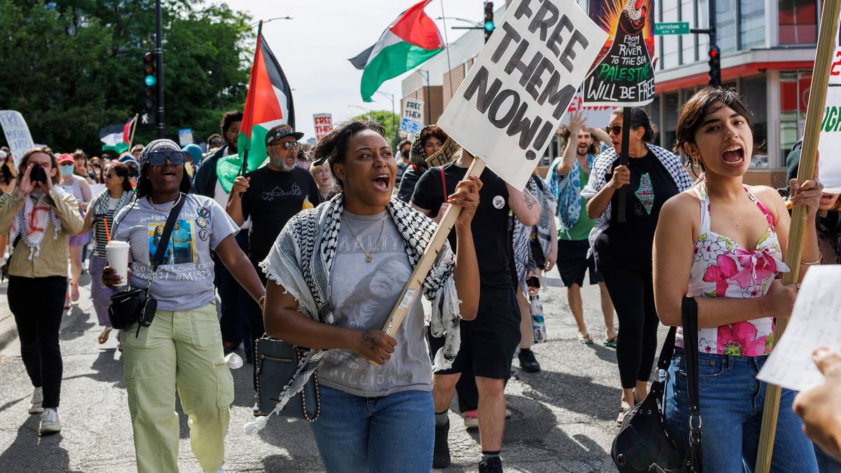 Protesters walk down the street