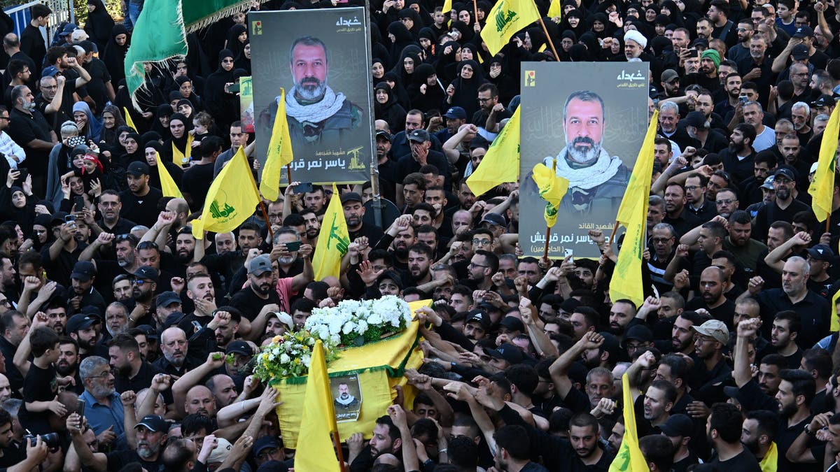 A funeral ceremony is held for Yasir Nemir Karnish, former bodyguard of Hezbollah Secretary-General Hassan Nasrallah, who was killed in clashes on the Israel-Lebanon border in Beirut, Lebanon, on July 10, 2024. Karnish's relatives and Hezbollah supporters attended the ceremony. 