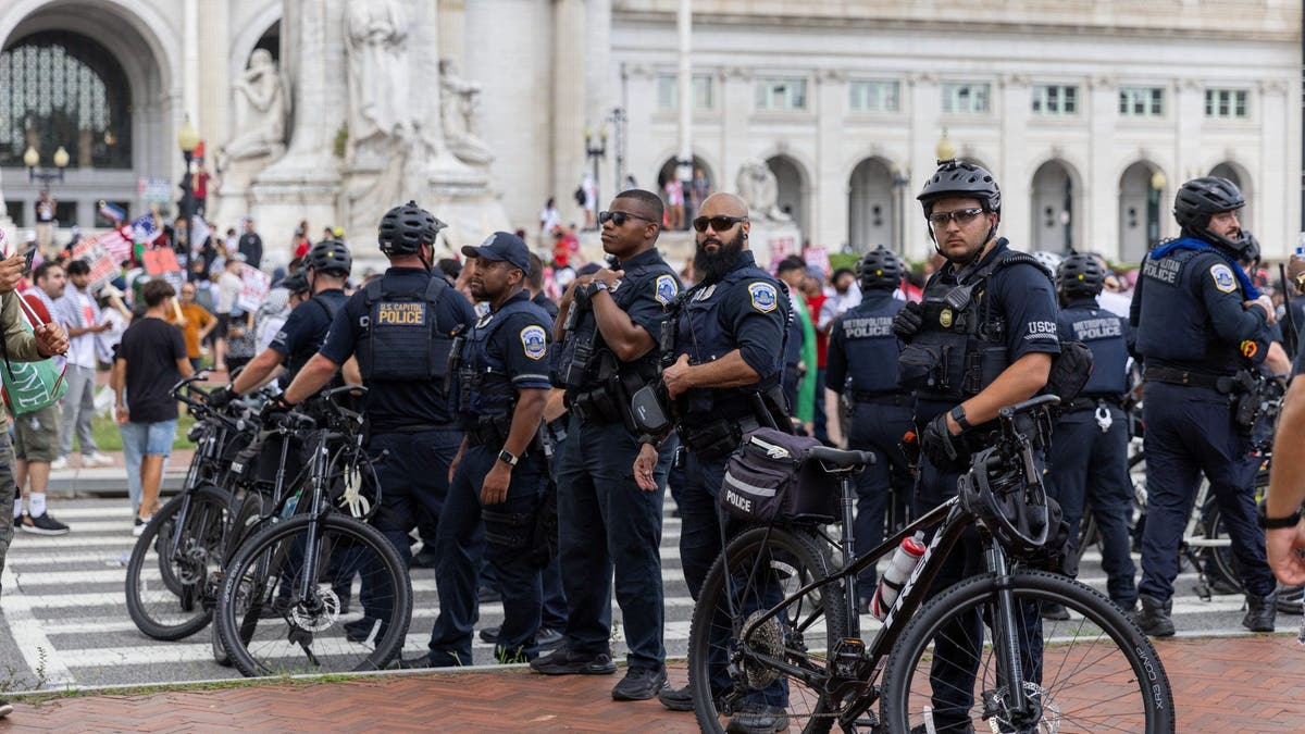 Agentes de la USPP montan guardia durante una protesta cerca del Capitolio de EEUU