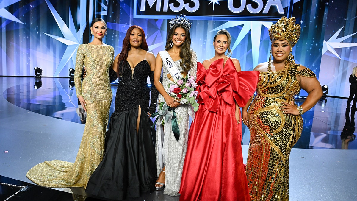 Morgan Romano, Garcelle Beauvais, Alma Cooper, Miss Michigan USA-winner of Miss USA 2024, Keltie Knight and Patrick Starrr at the 73rd annual Miss USA Pageant at Peacock Theater on August 4, 2024 in Los Angeles, California.