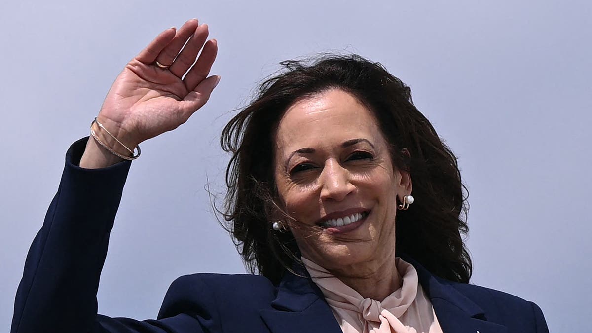 Vice President and 2024 Democratic presidential nominee Kamala Harris waves as she boards Air Force Two at Joint Base Andrew in Maryland on August 6, 2024. Harris attends a campaign event in Philadelphia after introducing Minnesota Governor Tim Walz as her vice presidential running mate. (Photo by Brendan SMIALOWSKI / POOL / AFP) (Photo by BRENDAN SMIALOWSKI/POOL/AFP via Getty Images)