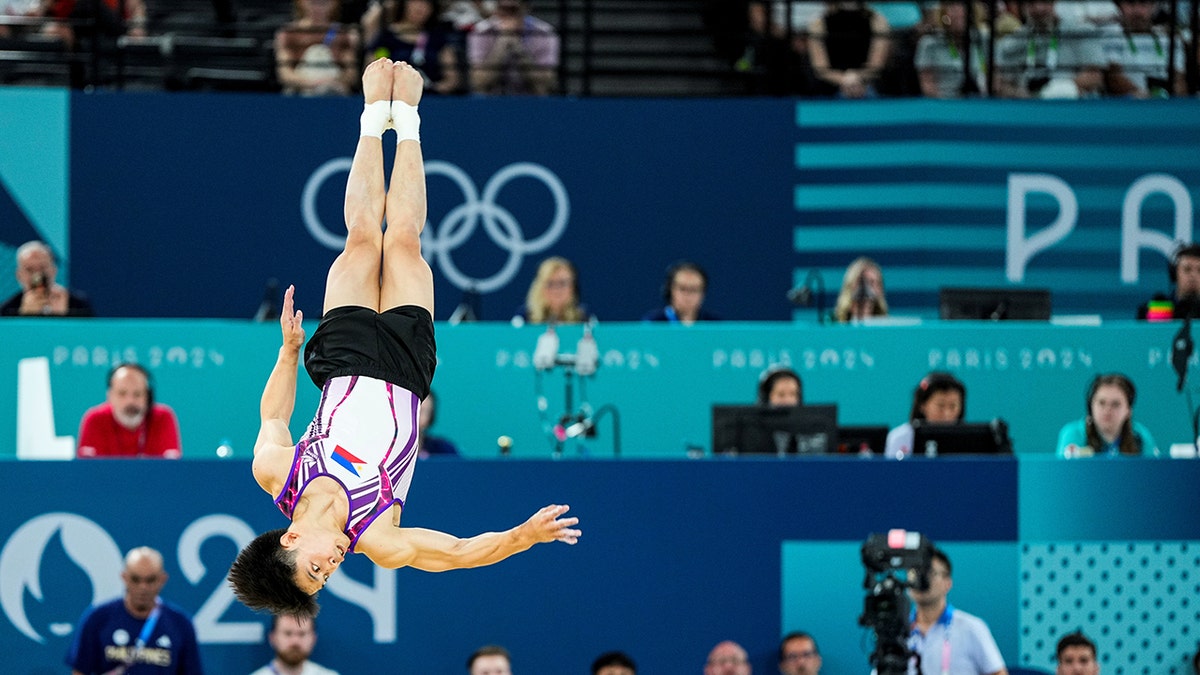 Carlos Edriel Yulo of the Philippines competes in the men's floor exercise final during the artistic gymnastics.