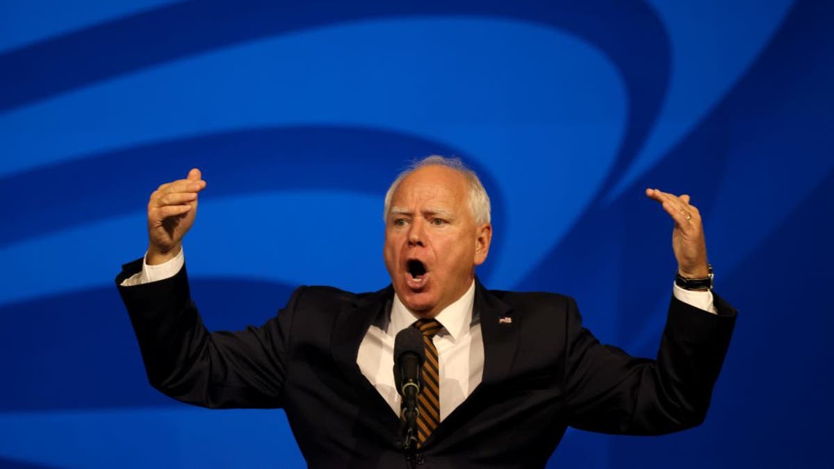 LOS ANGELES,  CA - AUGUST 13, 2024 -  Governor Tim Walz, vice presidential nominee, delivers remarks at the AFSCME's 46th International Convention in Los Angeles on August 13, 2024. Walz was joined by AFSCME President Lee Saunders and public service workers from all over the U.S. (Genaro Molina/Los Angeles Times via Getty Images)