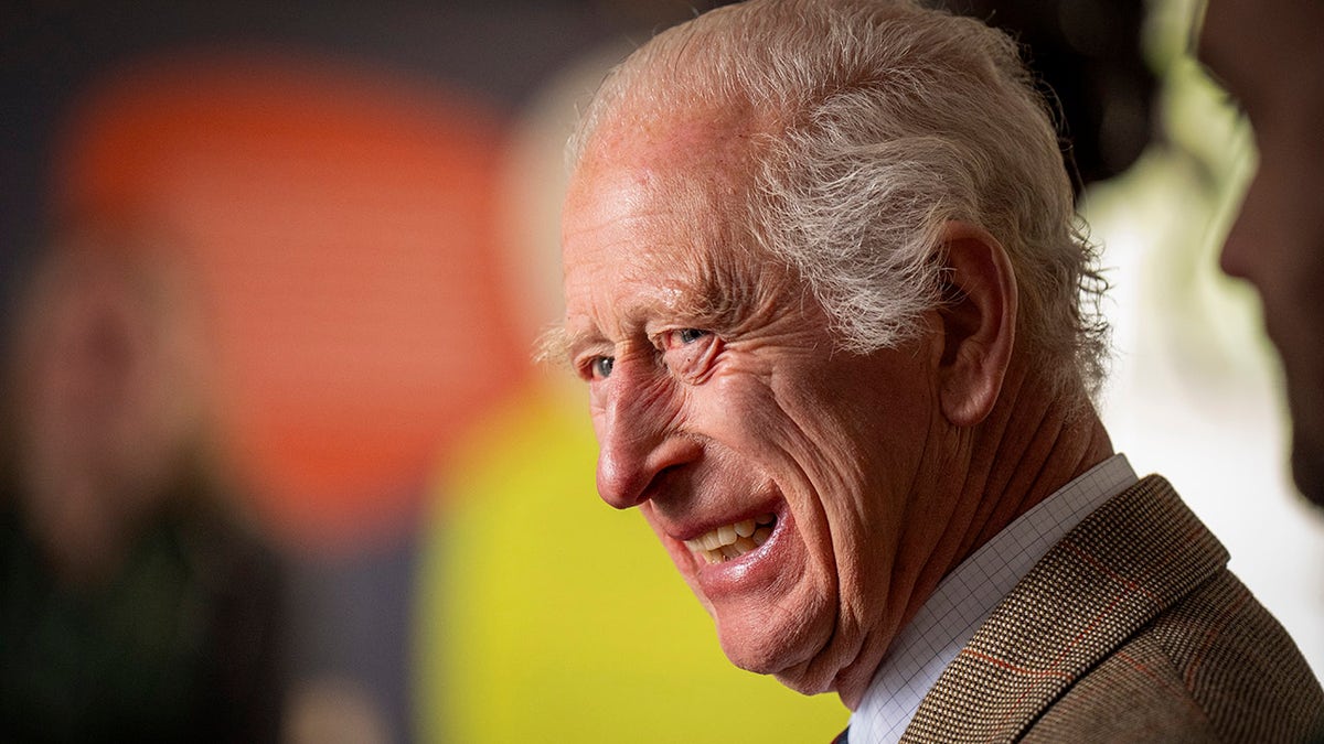 A close-up of King Charles looking to the side and smiling.