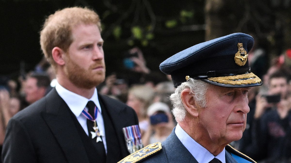 Prince Harry wearing a dark suit with medals walking behind his father who is in a military uniform.