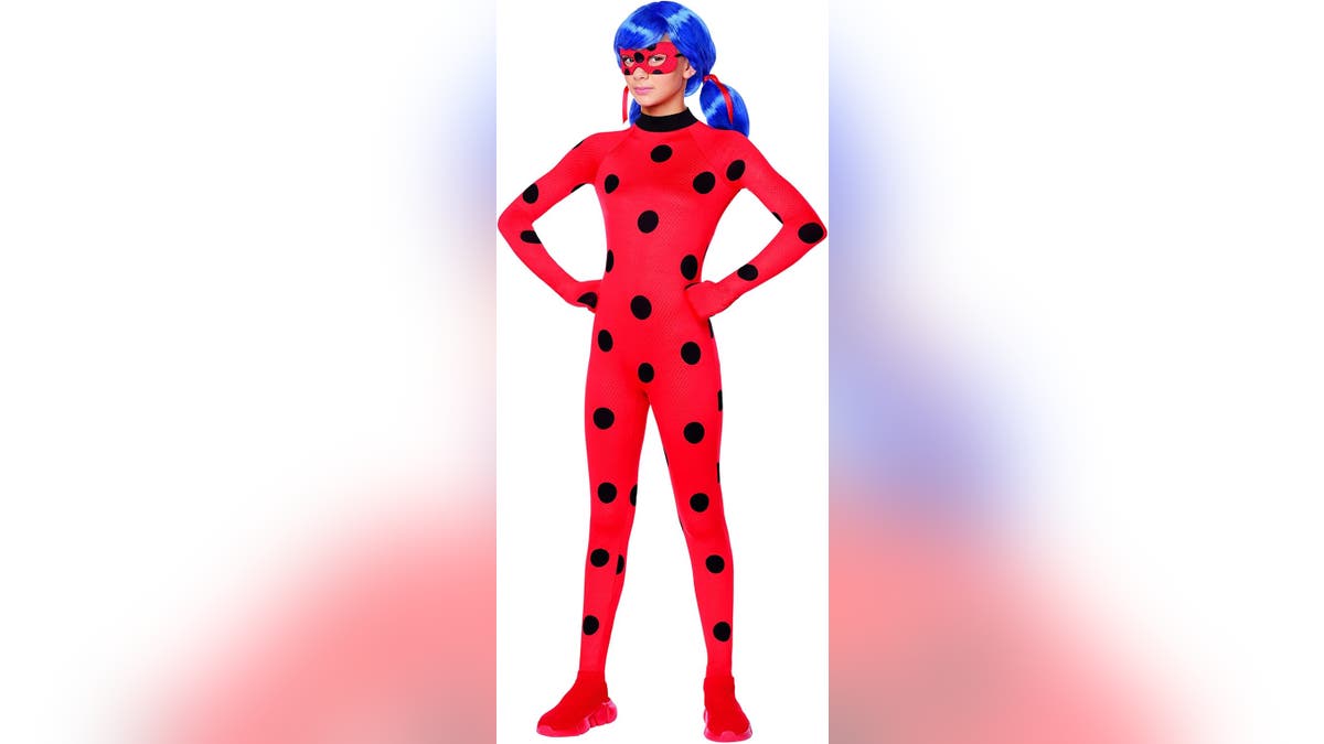 This ladybug costume comes with a blue wig.