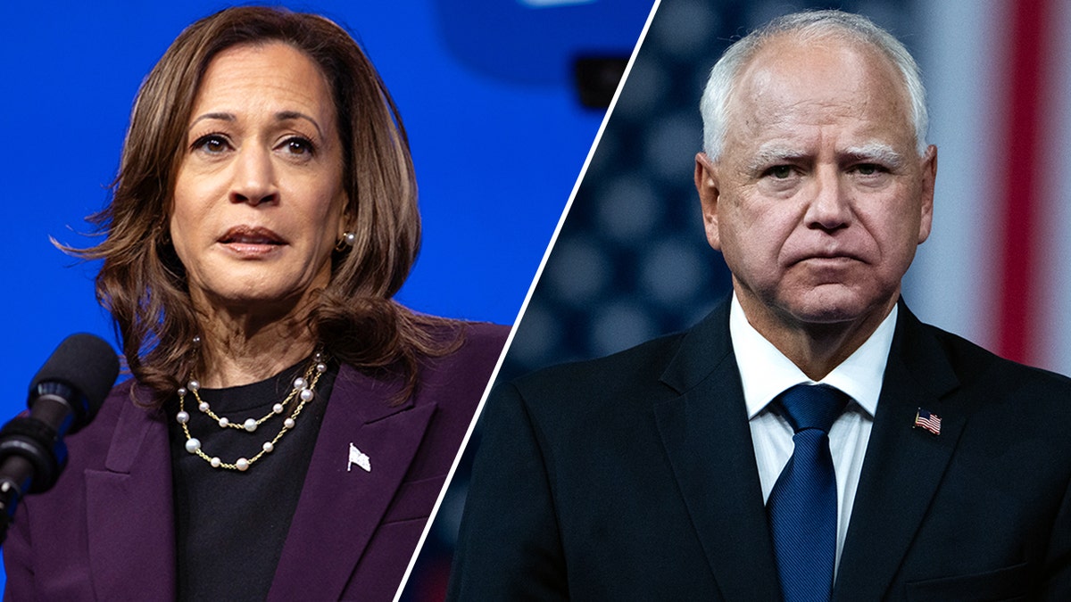 Kamala Harris speaks at a teachers union event, left, Governor Walz before an American flag, right