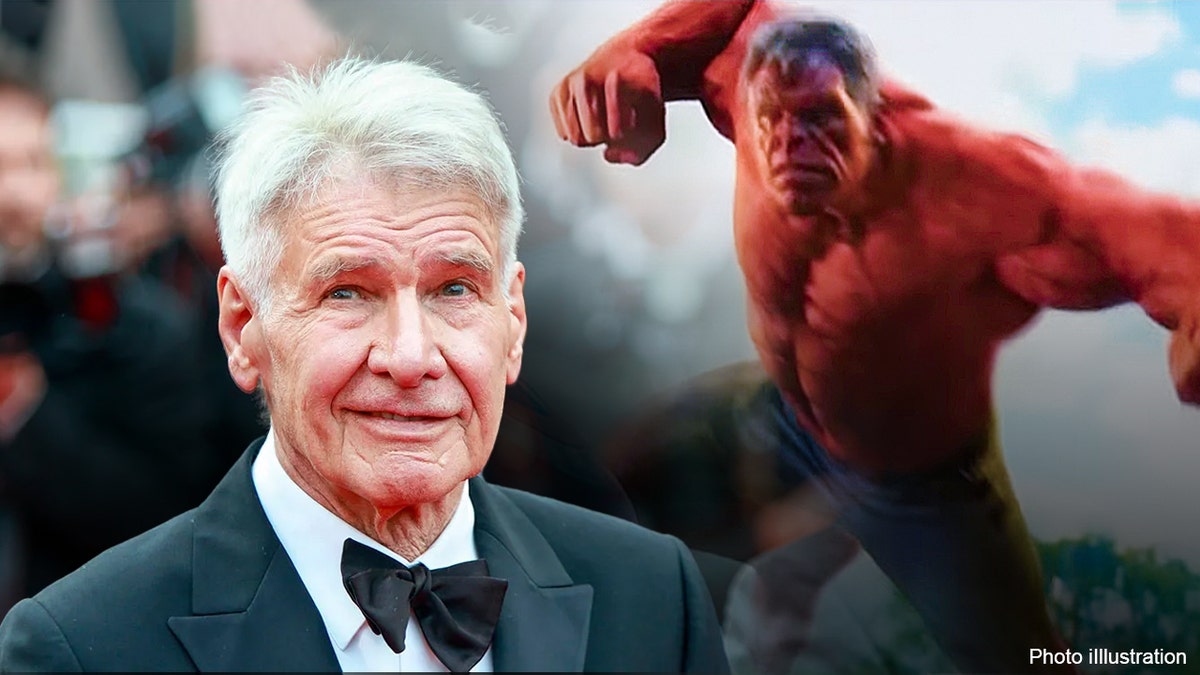 A photograph  of Harrison Ford with a photograph  of him arsenic  Red Hulk