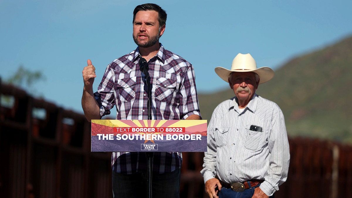 Republican vice presidential candidate Sen. J.D. Vance, R-Ohio, addresses the media during his visit to the U.S.-Mexico border in Hereford, Arizona, on Thursday, Aug. 1, 2024. 