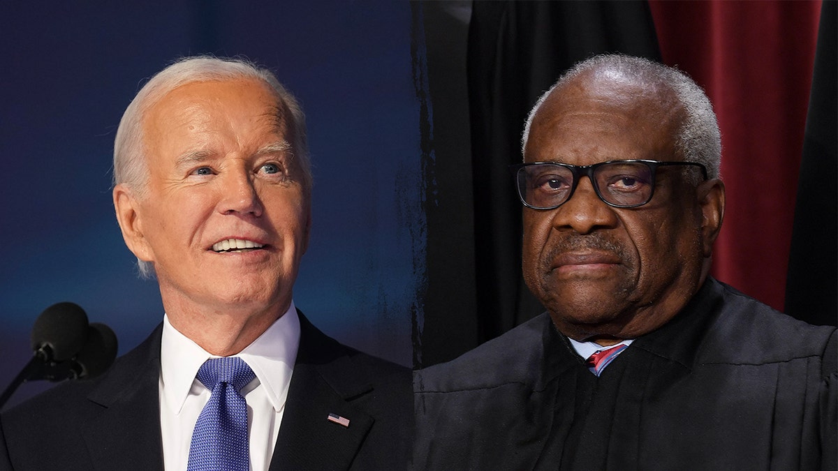 Una imagen dividida del presidente Joe Biden y el juez de la Corte Suprema Clarence Thomas