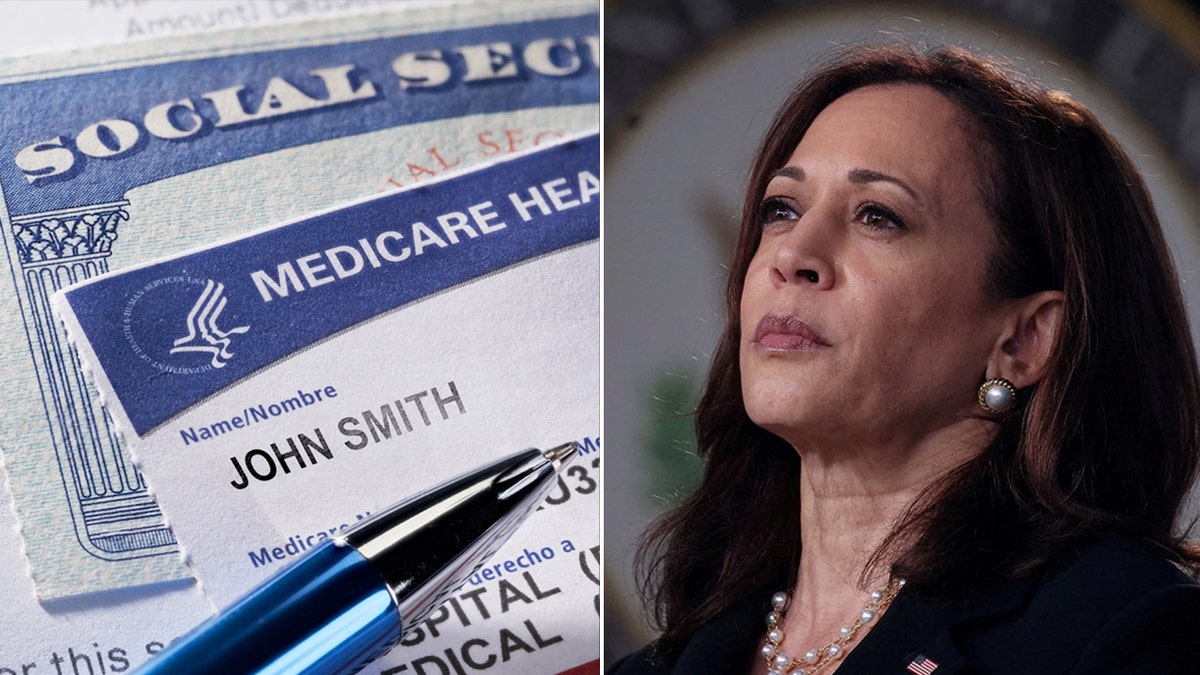 Tarjetas de la Seguridad Social y de Medicare a la izquierda; Kamala Harris a la derecha