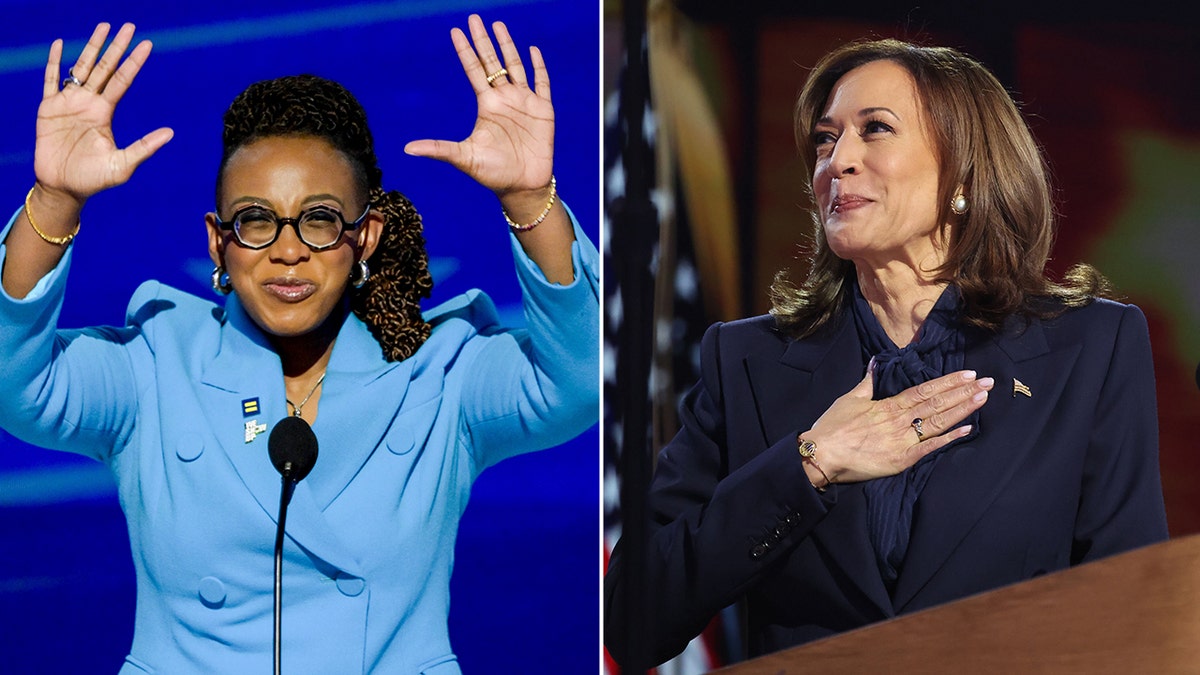 Kelley Robinson y Kamala Harris