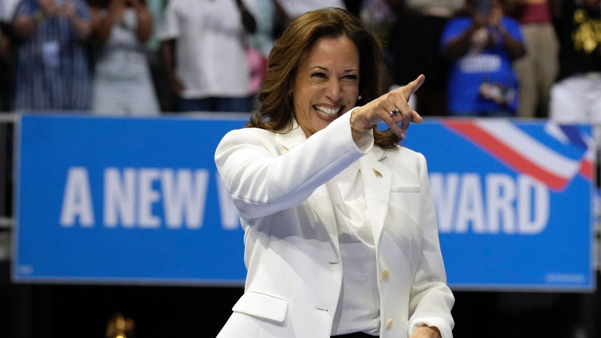 Kamala Harris señalando en el mitin de Savannah, primer plano