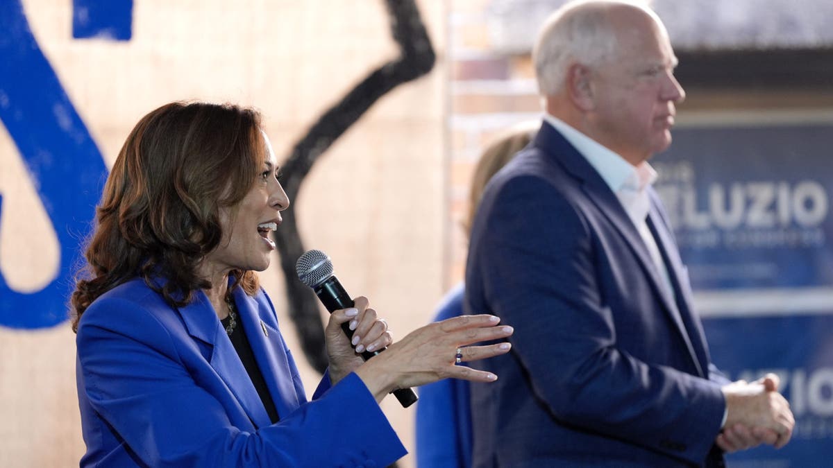 La candidata demócrata a la presidencia, la vicepresidenta Harris, habla junto a su compañero de fórmula, el gobernador de Minnesota Tim Walz, en un acto de campaña en Rochester, Pensilvania, el 18 de agosto de 2024.