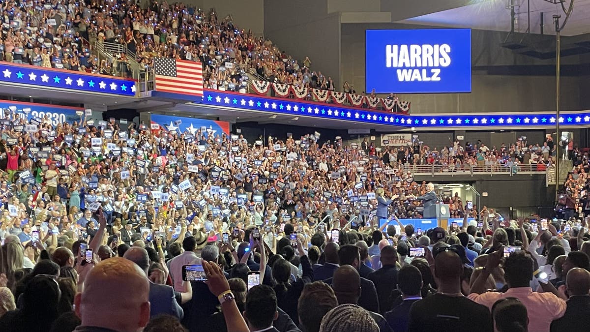 over 12,000 pack into an arena at Temple University in Pennsylvania for a Harris and Walz rally 