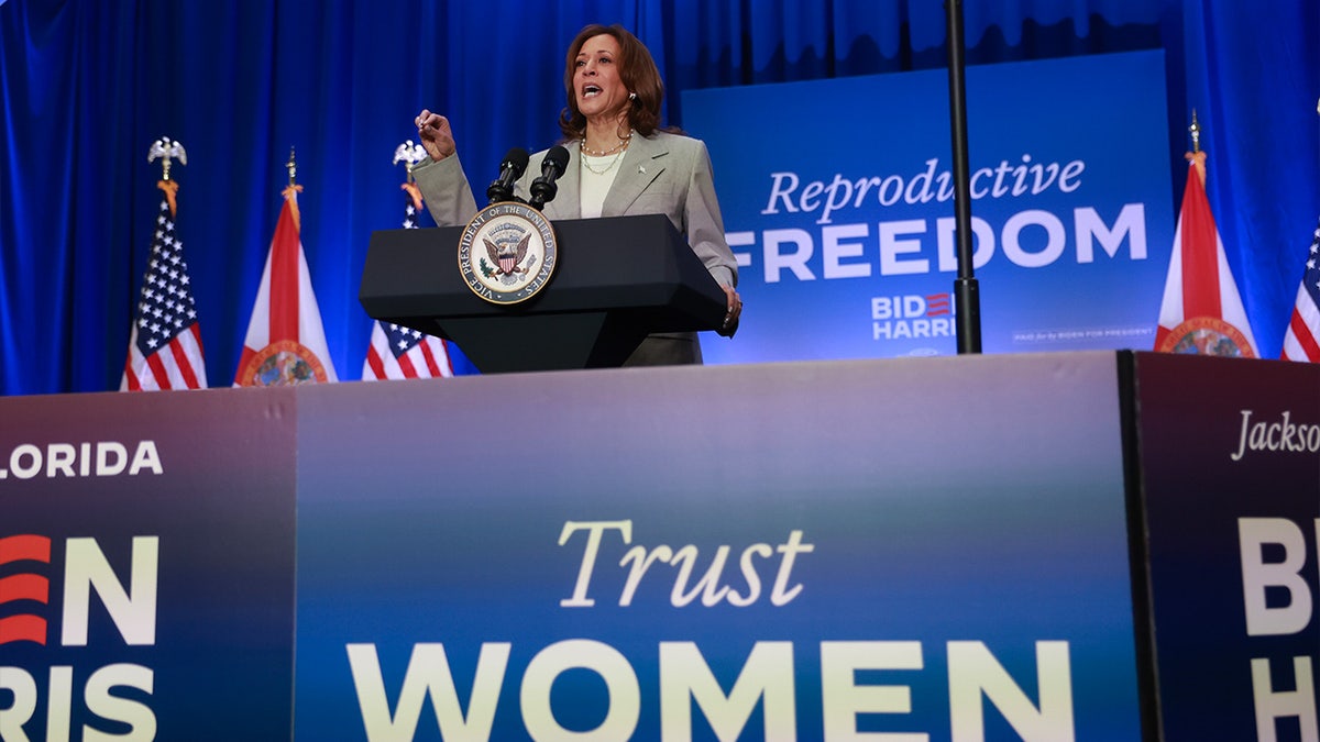 Vice President Kamala Harris at podium speaking in Florida