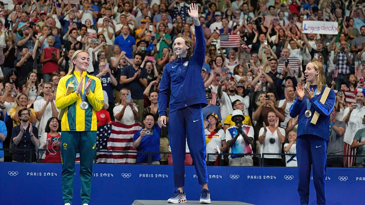 Katie Ledecky on top of the podium