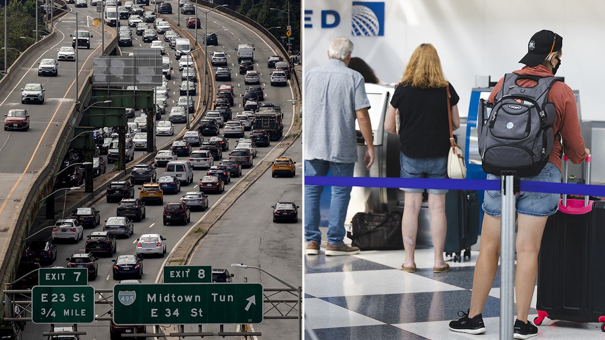 Vehicles clog a highway in New York City, while passengers wait in line at a Chicago airport.