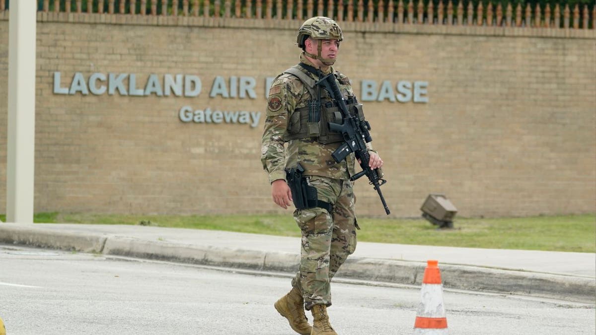 A military policeman stands guard at JBSA-Lackland Air Force Base