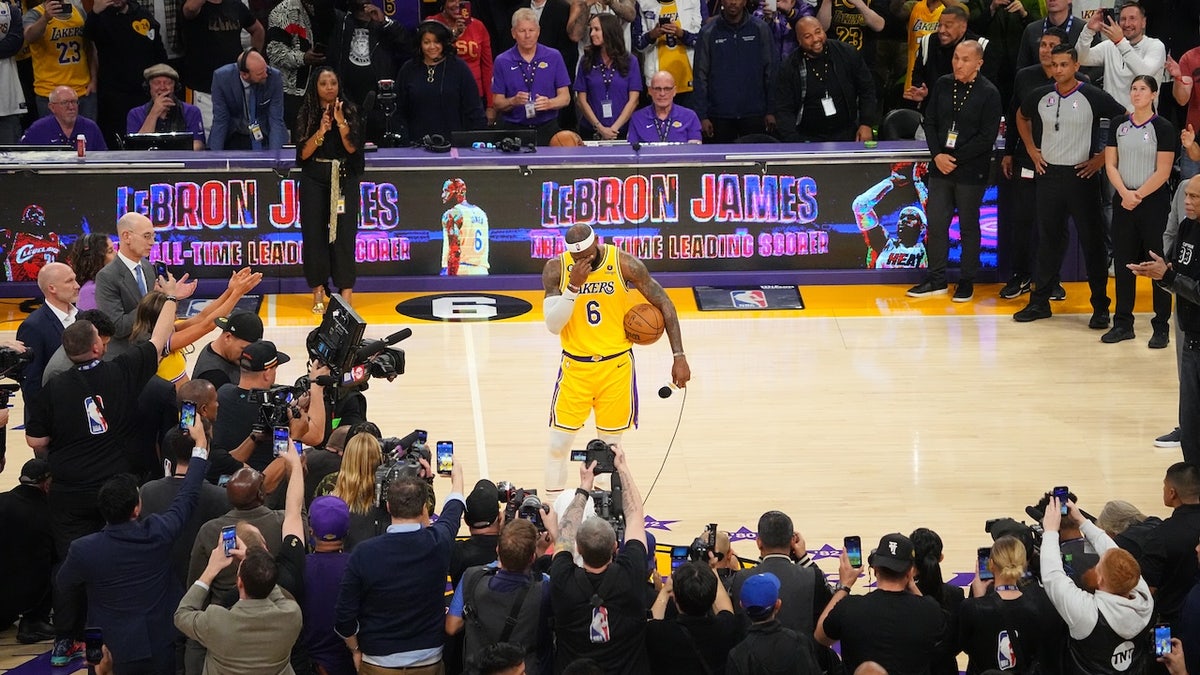 LeBron James addresses the crowd.