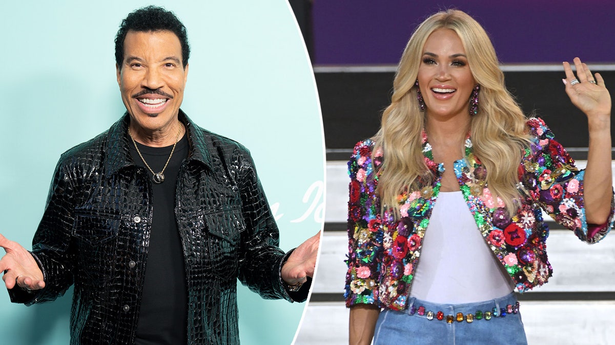 Lionel Richie smiling split with photo of Carrie Underwood waving